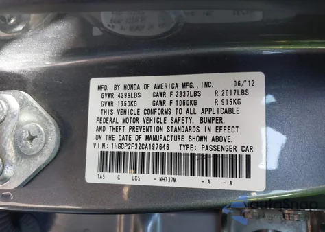 2012 Honda Accord 2.4 Lx from USA, damaged, VIN 1HGCP2F32CA197646